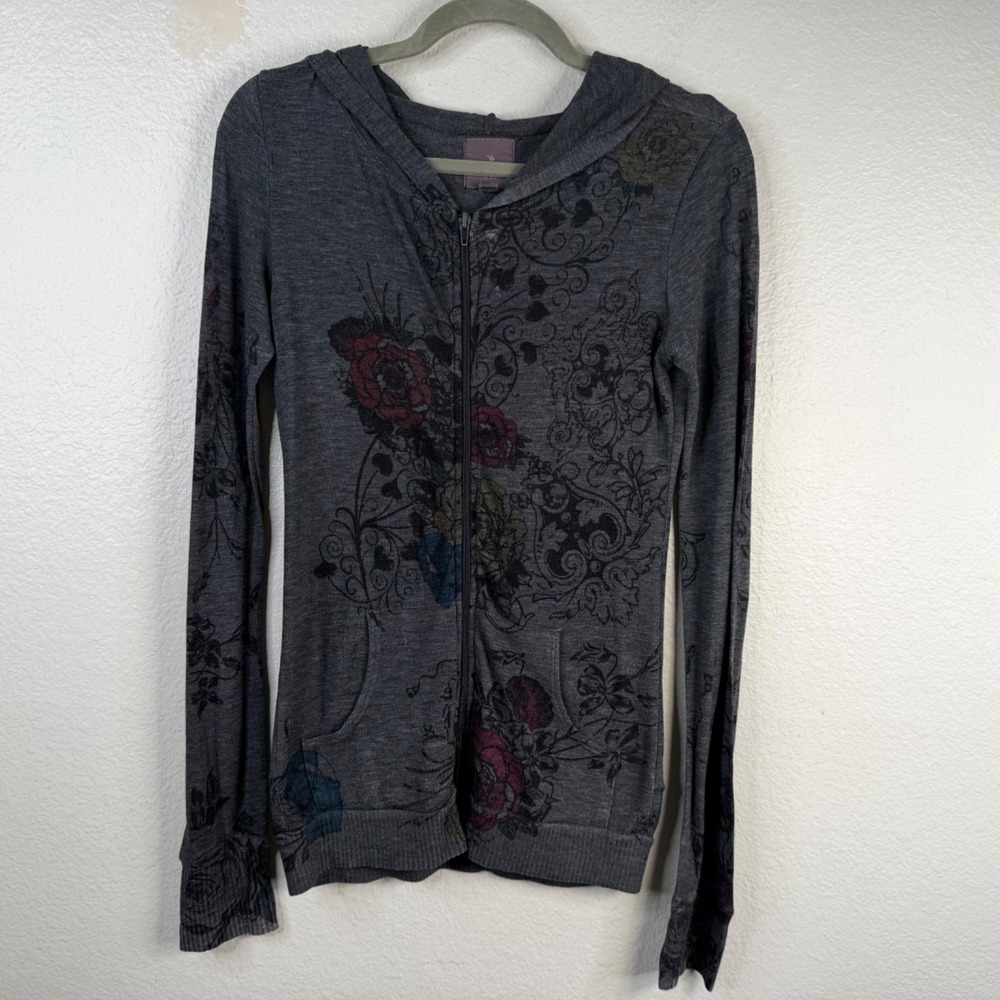 Forever 21 Women's Y2K Grunge Tattoo Graphic Hoodie Jacket Gray Size M Full Zip
